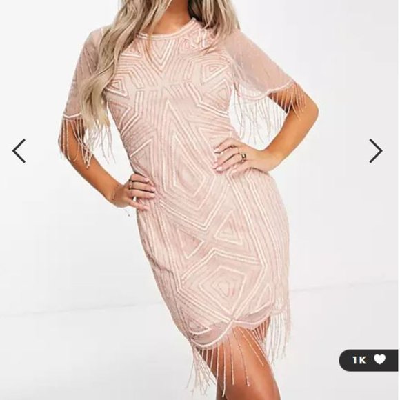 Starlet exclusive cap sleeve fringe sequin mini dress in blush ASOS Size 16 - Picture 1 of 12
